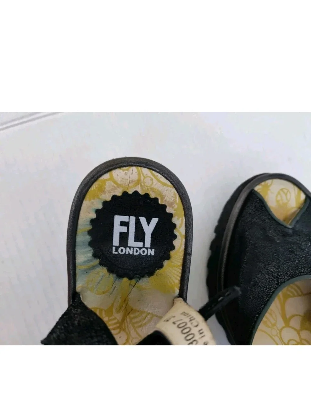 Fly London Yora Sandals Size 37 US 6-6.5 Black Leather Platform Wedge Peep Toe